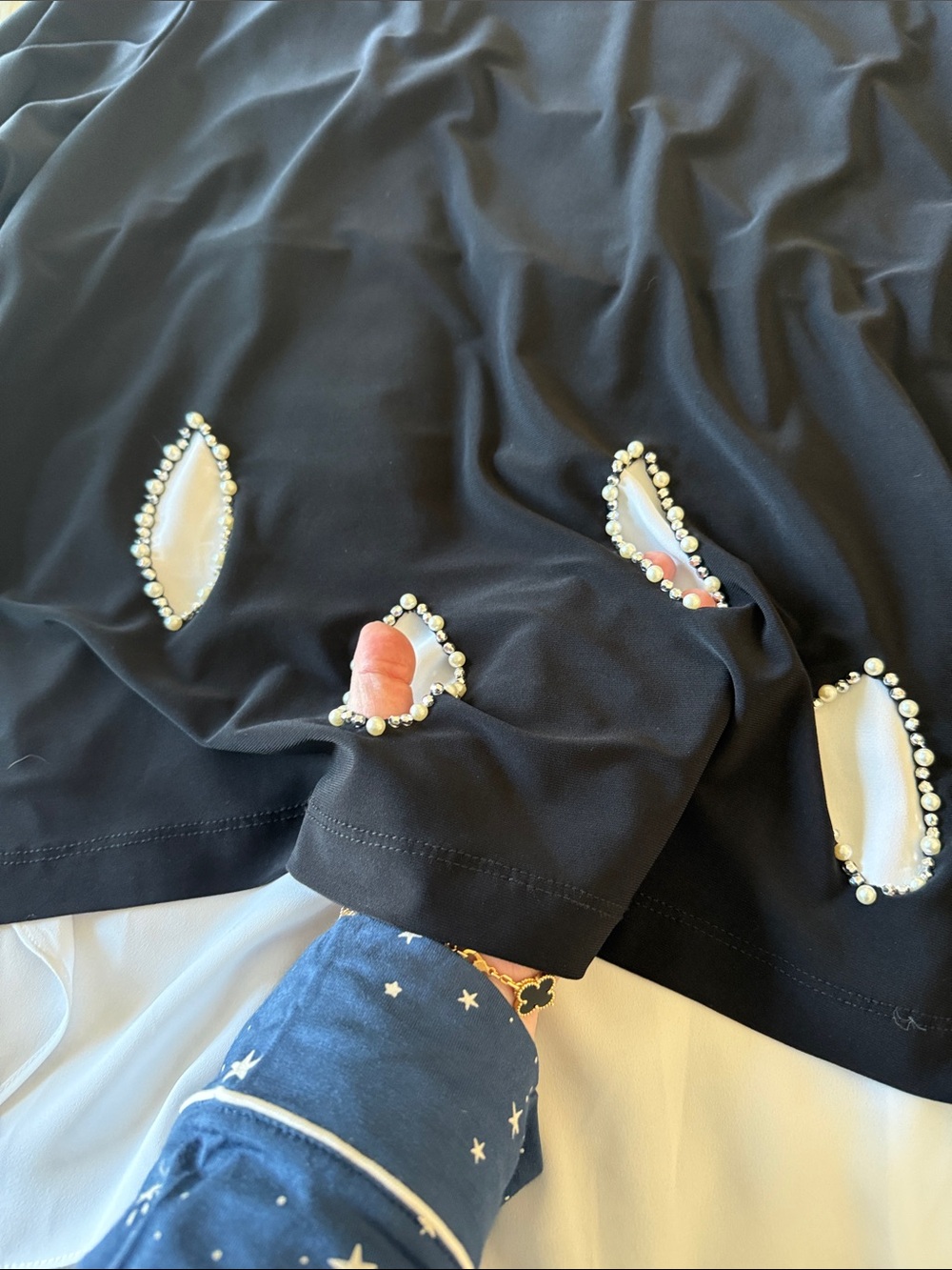 Joseph Ribkoff Black Tunic with White Layered Hem and Beaded Teardrop Accents - Picture 7 of 9